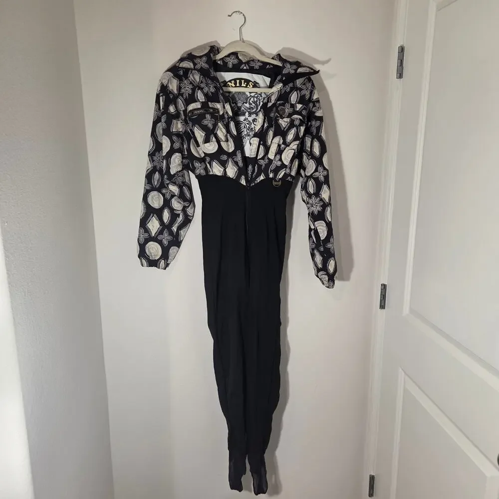 Vintage NILS One Piece Ski Suit 6 USA Floral Black Insulated Snowsuit Jumpsuit
